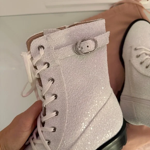 Stuart Weitzman New Crystal Buckle White glitter sparkle Lace-Up combat Boots 9